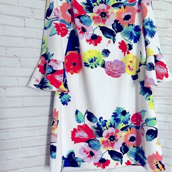 EUC Tahari by ASL Trumpet Sleeve Floral Shift Dress Size 10 - Picture 4 of 14